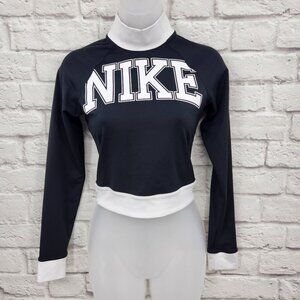 Nike Sportswear Team Long Sleeve High Neck Cropped Top Black White Logo XS